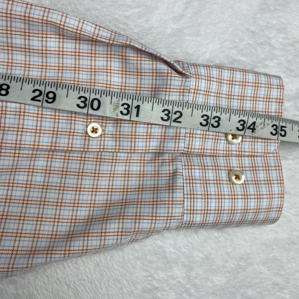 David Donahue Dress Shirt Mens 16.5-34/35 Orange/Blue Checks Trim Fit